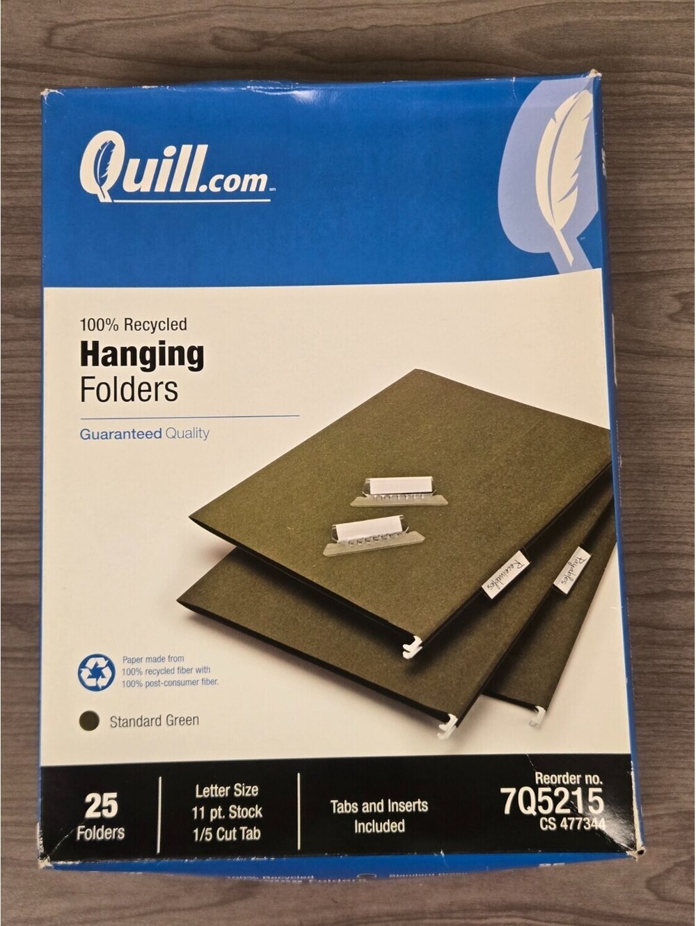 Quill 7Q5215 Hanging File Folders Letter Size Green 1/5 Cut 25 Box w/ Tabs